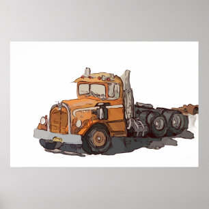 Aquarell eines alten orangen Sattelschleppers Poster