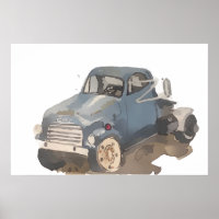 Aquarell eines blaugrauen Pritschenwagens
