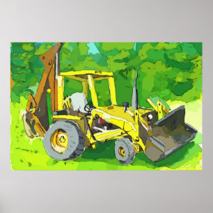 Aquarell eines gelben Traktors mit Rückbagger Poster