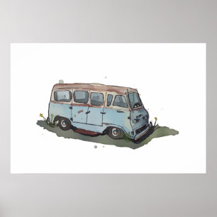 Aquarell eines rostigen alten Antiquitäten-Vans Poster