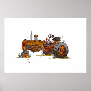 Aquarell eines rostigen alten orangen Traktors Poster