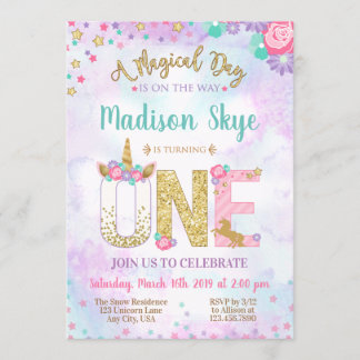 Aquarell-Einhorn-erste Geburtstags-Einladung Einladung