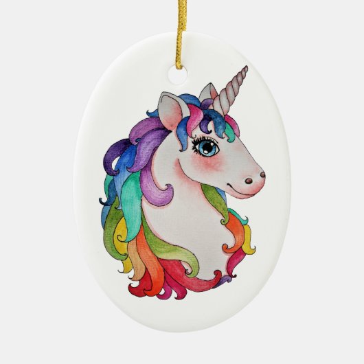 Aquarell-Einhorn mit dem Regenbogen-Haar Keramik Ornament (Vorne)