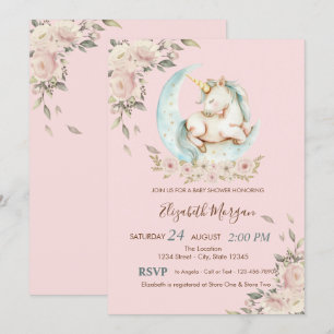 Aquarell Einhorn Mond Blumen Baby Shower Einladung