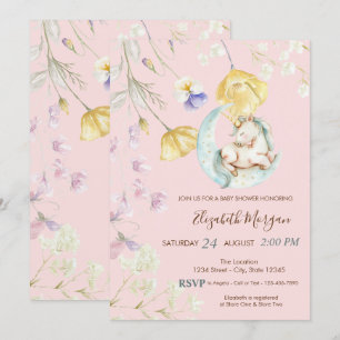 Aquarell-Einhorn-Mond-Wildblumen-Baby-Shower Einladung
