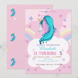 Aquarell Einhorn Regenbogen Sterne Herzen Geburtst Einladung