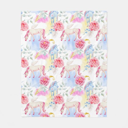 Aquarell-Einhorn-u. Pegasus-Muster Fleecedecke (Vorderseite)