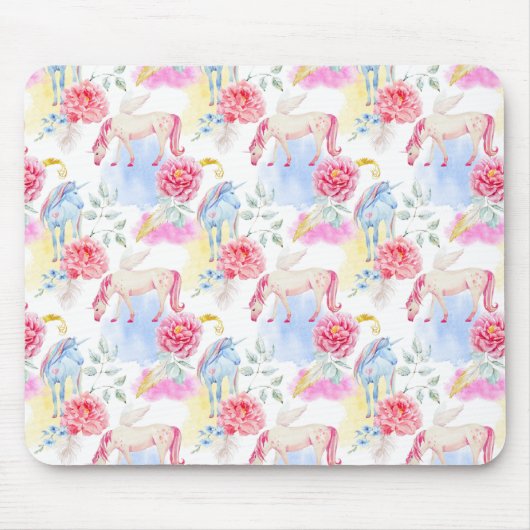 Aquarell-Einhorn-u. Pegasus-Muster Mousepad (Vorne)