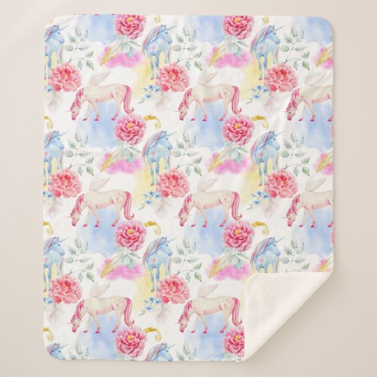 Aquarell-Einhorn-u. Pegasus-Muster Sherpadecke (Vorderseite)