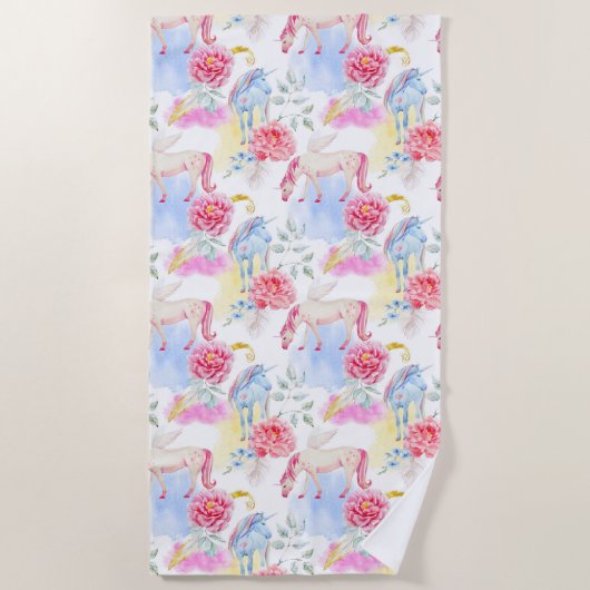 Aquarell-Einhorn-u. Pegasus-Muster Strandtuch (Vorderseite)