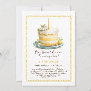 Aquarell-Einladung zum 1. Geburtstag - Kuchen gelb Einladung