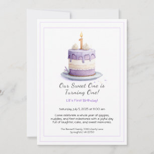 Aquarell-Einladung zum 1. Geburtstag mit Kuchen li Einladung
