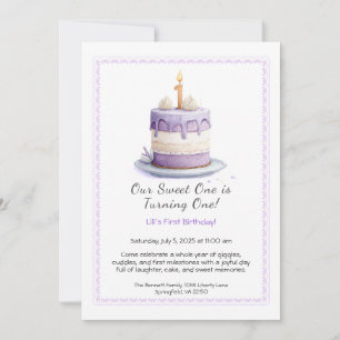 Aquarell-Einladung zum 1. Geburtstag mit Kuchen li Einladung