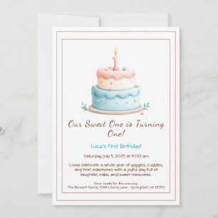 Aquarell-Einladung zum 1. Geburtstag mit Kuchenker Einladung