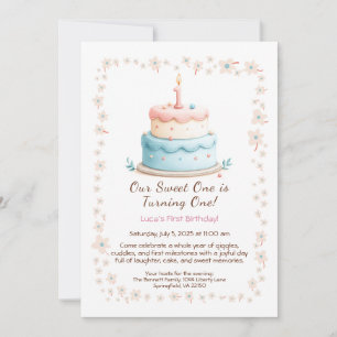 Aquarell-Einladung zum 1. Geburtstag mit Kuchenker Einladung