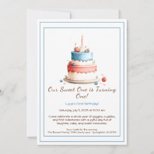 Aquarell-Einladung zum 1. Geburtstag mit Kuchenker Einladung