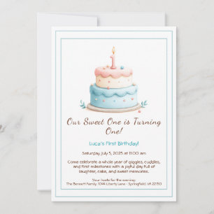 Aquarell-Einladung zum 1. Geburtstag mit Kuchenker Einladung