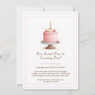 Aquarell-Einladung zum 1. Geburtstag - Rosa Kuchen Einladung