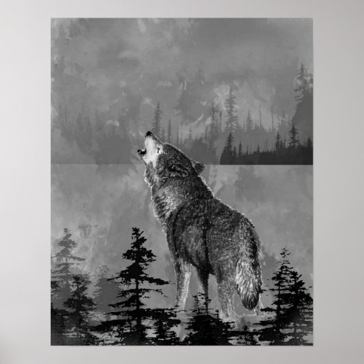 Aquarell Einsamer Heulender Wolf Tierkunst Poster (Vorne)