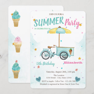 Aquarell Eis Fahrrad Sterne Geburtstag Einladung