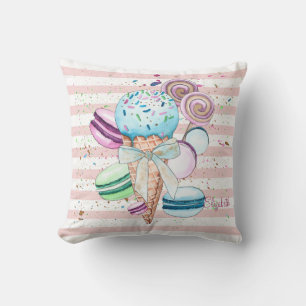 Aquarell-Eis,Macarons,Rosa Streifen Kissen