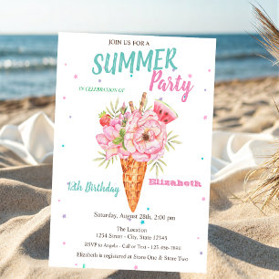 Aquarell-Eiscreme-Blumen-Sommer-Geburtstagsfeier Einladung