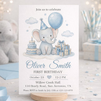 Aquarell Elefant Baby Blau Erster Geburtstag Einladung
