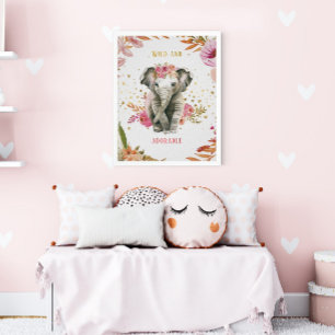 Aquarell-Elefant Rosa Blumen Mädchen-Kinderzimmer Poster