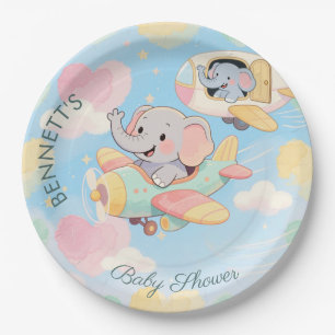 Aquarell-Elefanten-Flugzeug-Baby-Shower-Teller Pappteller