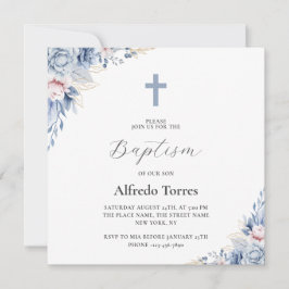 Aquarell Elegant Dusty Blue Floral Baby Taufe Einladung