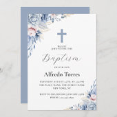 Aquarell Elegant Dusty Blue Floral Baby Taufe Einladung (Vorne/Hinten)