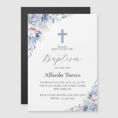 Aquarell Elegant Dusty Blue Floral Baby Taufe Magneteinladung (Vorne/Hinten)