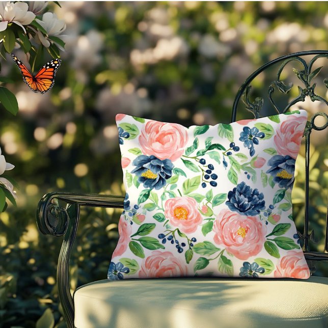 Aquarell Elegant Rosa Blauer Garten Außenbereich Kissen (Von Creator hochgeladen)