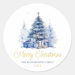 Aquarell Elegante Blaue Weihnachtsbaum Runder Aufkleber