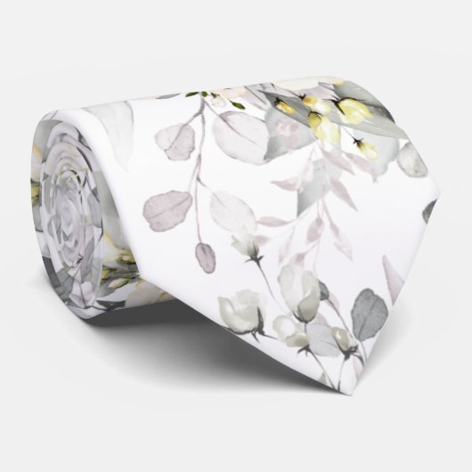 Aquarell Elegante Cream Rose+Eukalyptus Neck Tie Krawatte (Gerollt)