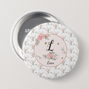 Aquarell Elegante rosa Rosen mit Schmetterlingen Button