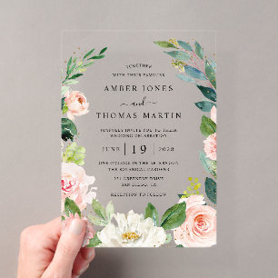 Aquarell Elegante Roségold Blumenhochzeit Acryleinladungen