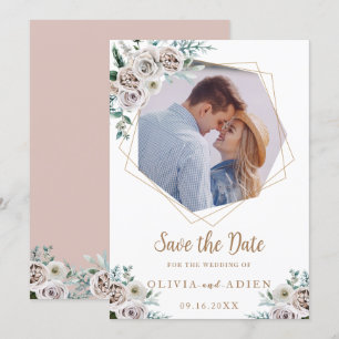 Aquarell-Elfenbein-Blumen-Geometrisches Foto Save The Date