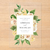 Aquarell - Englisch Rose Blumenrahmen Save the Dat Acryleinladungen (Vorderseite)