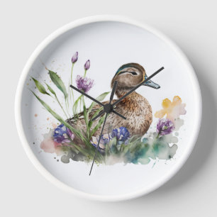 Aquarell-Ente in Blumen Uhr