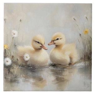 Aquarell-Entenküken Löwenzahnblüten Fliese