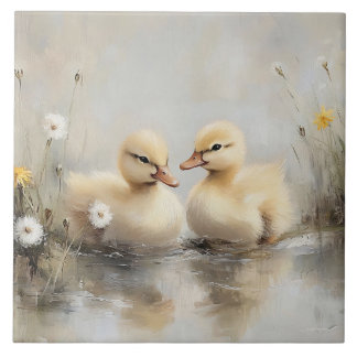 Aquarell-Entenküken Löwenzahnblüten Fliese