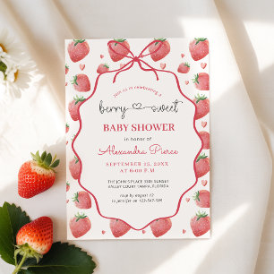 Aquarell-Erdbeer-Rosa-Schleife-Baby-Party Einladung