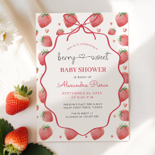 Aquarell-Erdbeer-Rosa-Schleife-Baby-Party Einladung