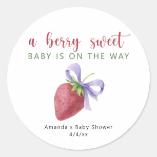 Aquarell-Erdbeere und Schleife Baby Shower Runder Aufkleber