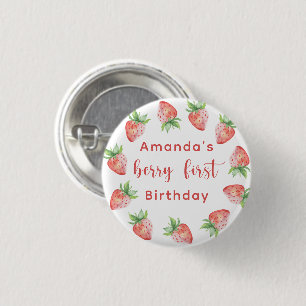 Aquarell-Erdbeeren 1. Geburtstagsfeier Button