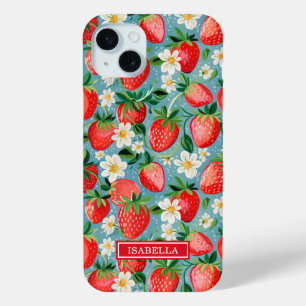 Aquarell-Erdbeeren auf blauem Monogramm Case-Mate iPhone Hülle