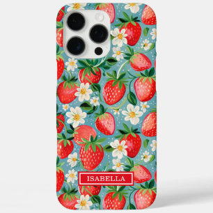 Aquarell-Erdbeeren auf blauem Monogramm iPhone 16 Pro Max Hülle
