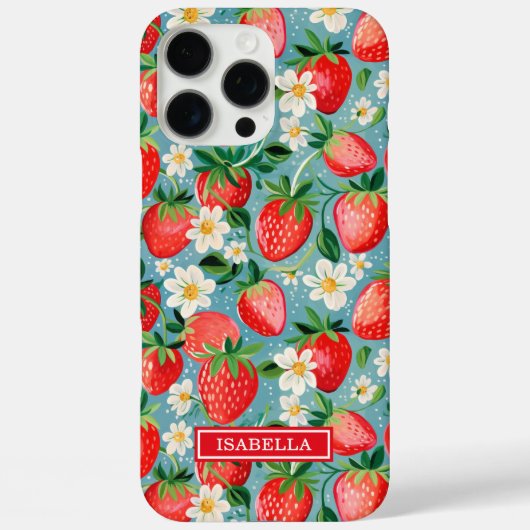 Aquarell-Erdbeeren auf blauem Monogramm Case-Mate iPhone Hülle (Rückseite)