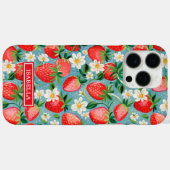 Aquarell-Erdbeeren auf blauem Monogramm Case-Mate iPhone Hülle (Rückseite (Horizontal))